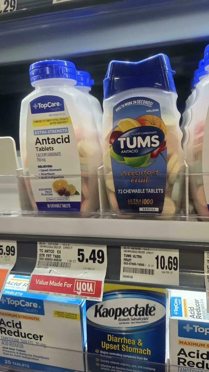 Generic antacid next to name brand Tums illustrating useful frugal tips.