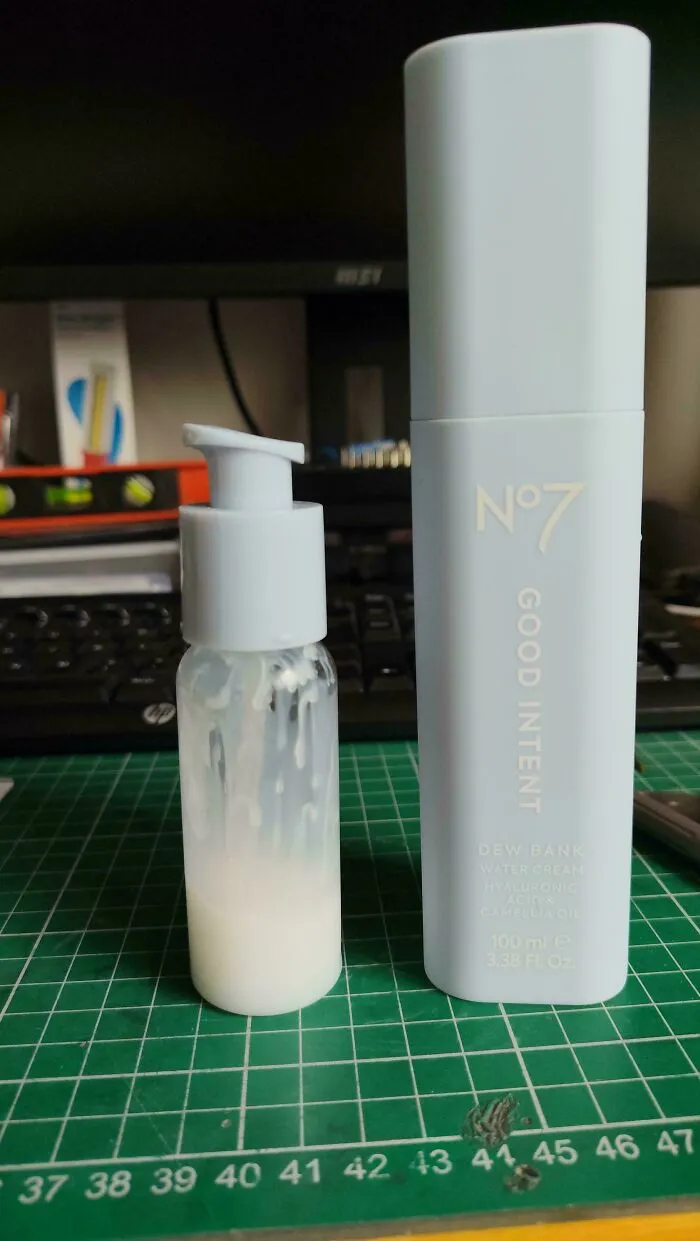 Decanting lotion into a smaller container as part of smart frugal tips.
