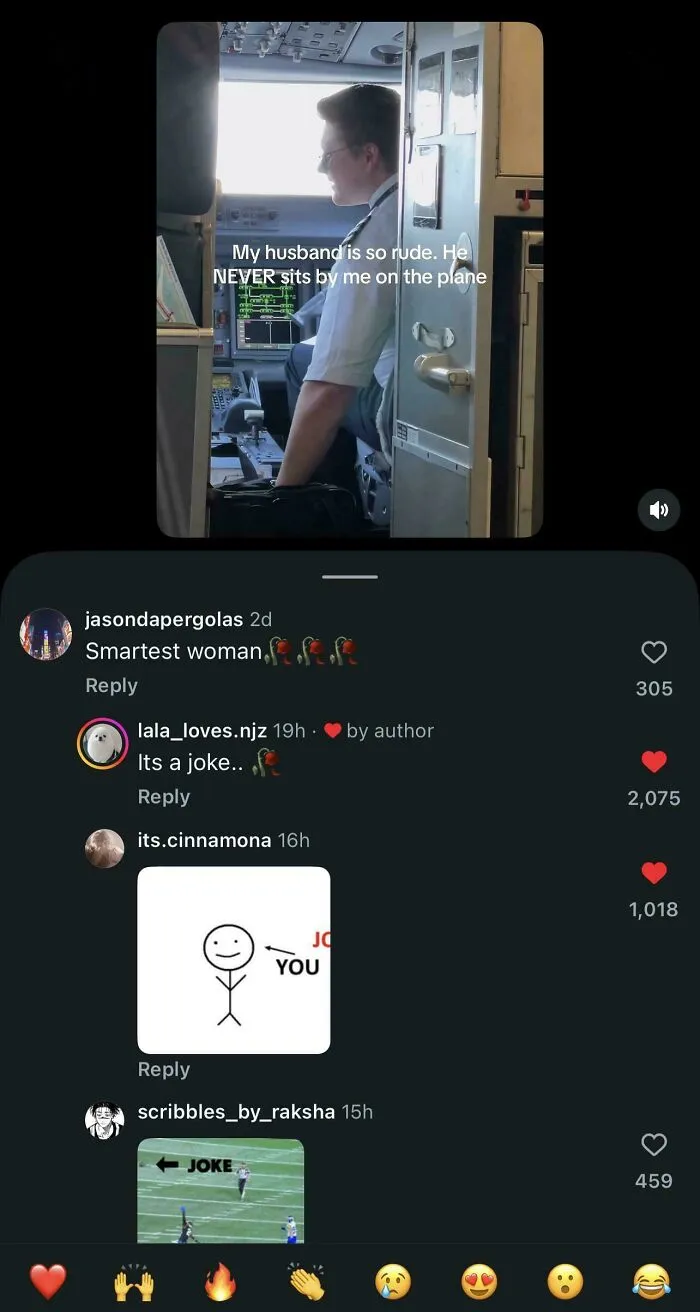 A social media thread where a user corrected an obvious joke about a pilot husband with too much confidence.