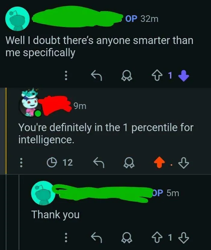 A Reddit thread where someone corrected an obvious joke about intelligence percentiles with too much confidence.