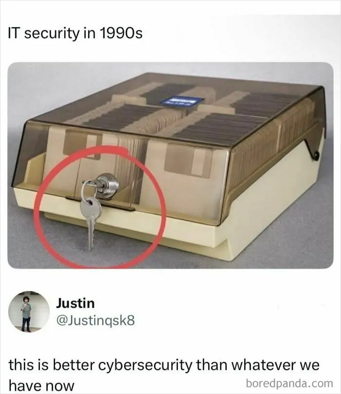 1990s IT security with lock and key on floppy disk holder Wild Memes Thehomie