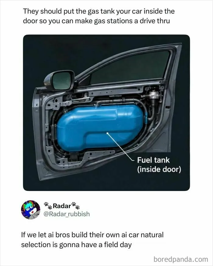Car door interior showing fuel tank located inside the door for better gas station access
