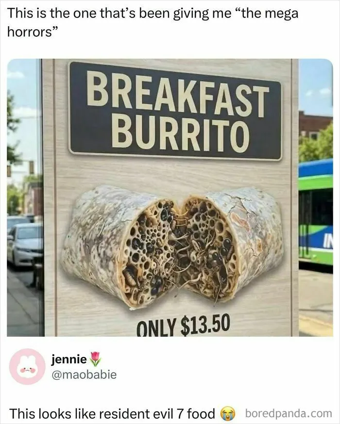 Creepy breakfast burrito sign with insect-filled burrito humor meme