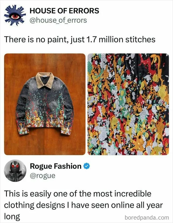 Jacket design created with 1.7 million embroidery stitches instead of paint