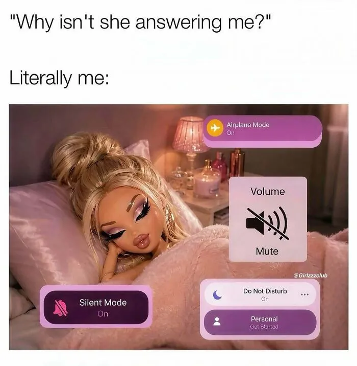 Funny memes about being a woman showing a doll in bed with silent and airplane mode notifications on screen