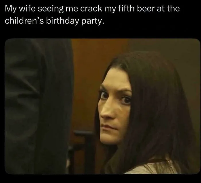 Funny memes showcasing a woman giving a suspicious, side-eye look at a children's party