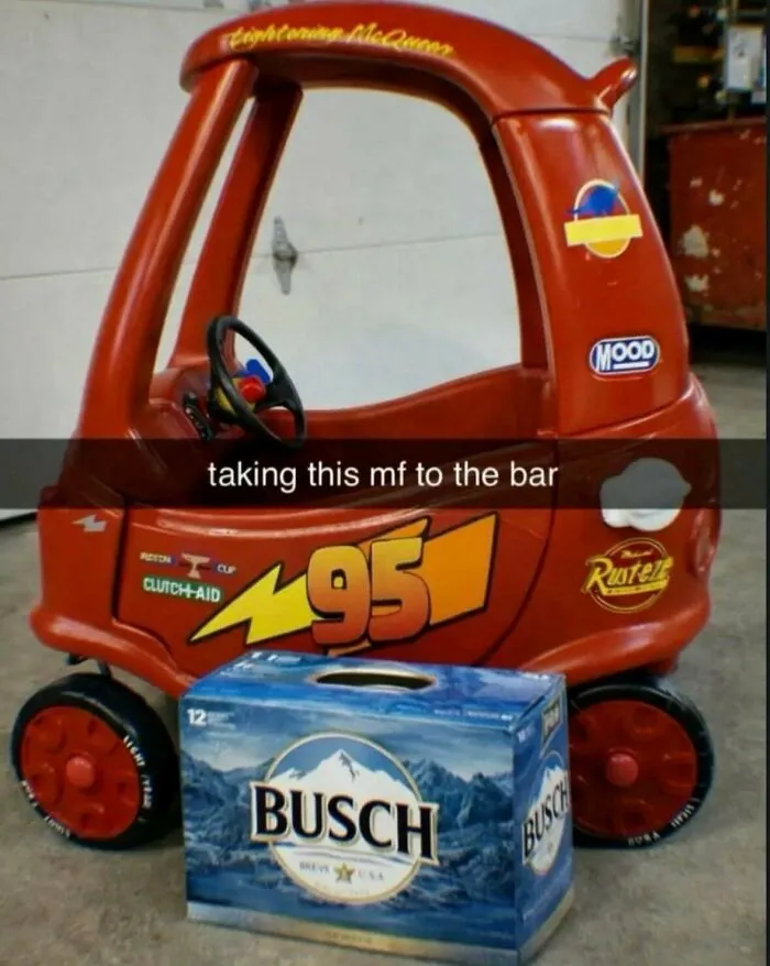 Funny memes depicting a toy car packed with a box of beer, captioned taking this mf to the bar
