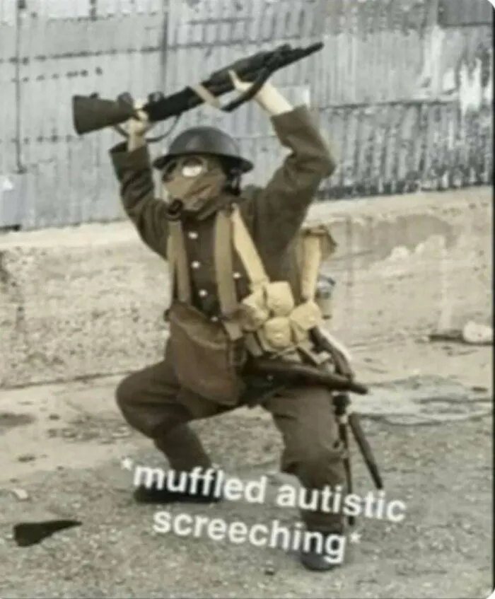 Soldier holding up a rifle with text muffled autistic screeching in funny memes.