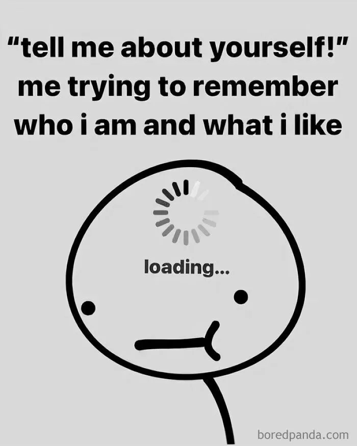 An relatable introverts meme with a loading icon representing trying to remember details about oneself.