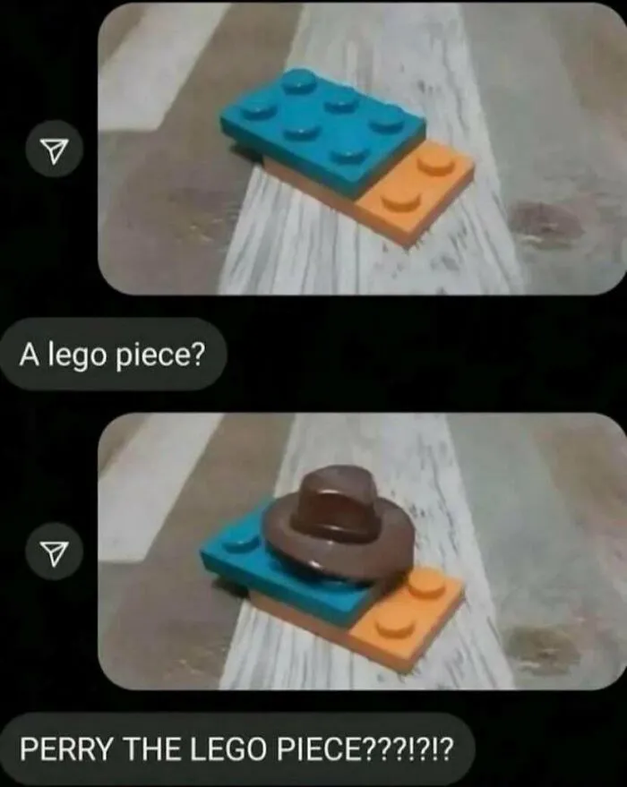 Funny memes depicting a lego piece wearing a brown fedora, labeled Perry the Lego Piece