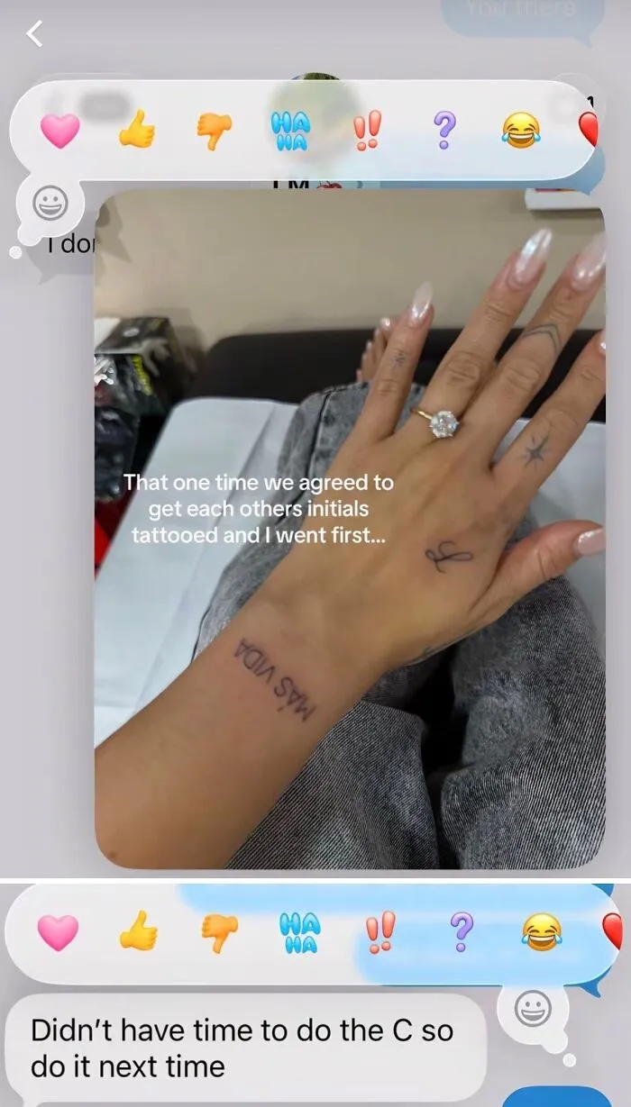Chat screenshot capturing the sheer audacity of a partner not getting their agreed initial tattoo.