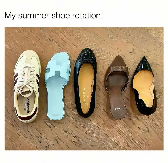 A top-down view of a summer shoe collection highlighting memes about women being stylish