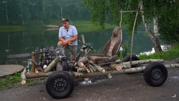 This Russian Man And His Homemade Car He Built Out Of Tree Logs