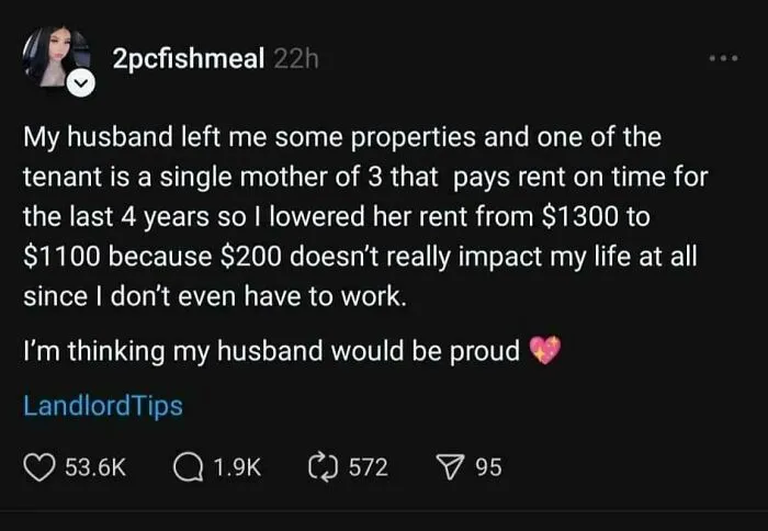 A social media post where a landlord shares a positive story about lowering rent for a single mother tenant.