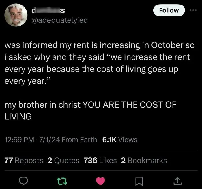 A tweet pointing out the irony of landlords raising rent and blaming the general cost of living.