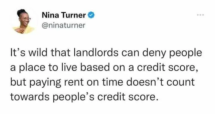 Tweet from Nina Turner discussing how landlords deny housing based on credit scores.