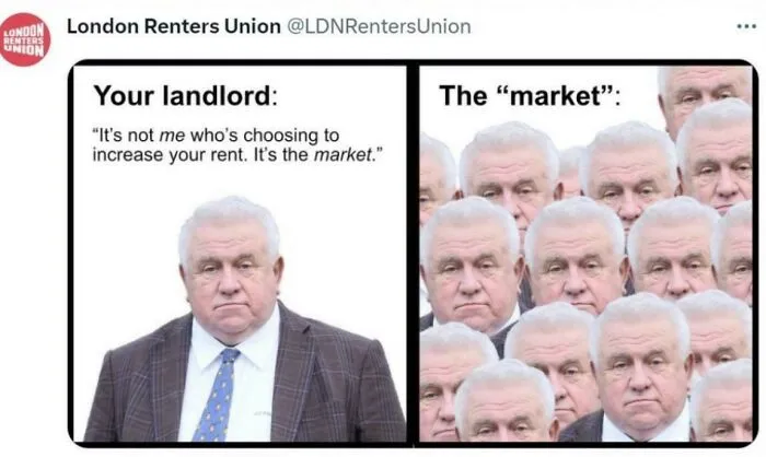 A meme depicting how terrible landlords blame the market for raising rents