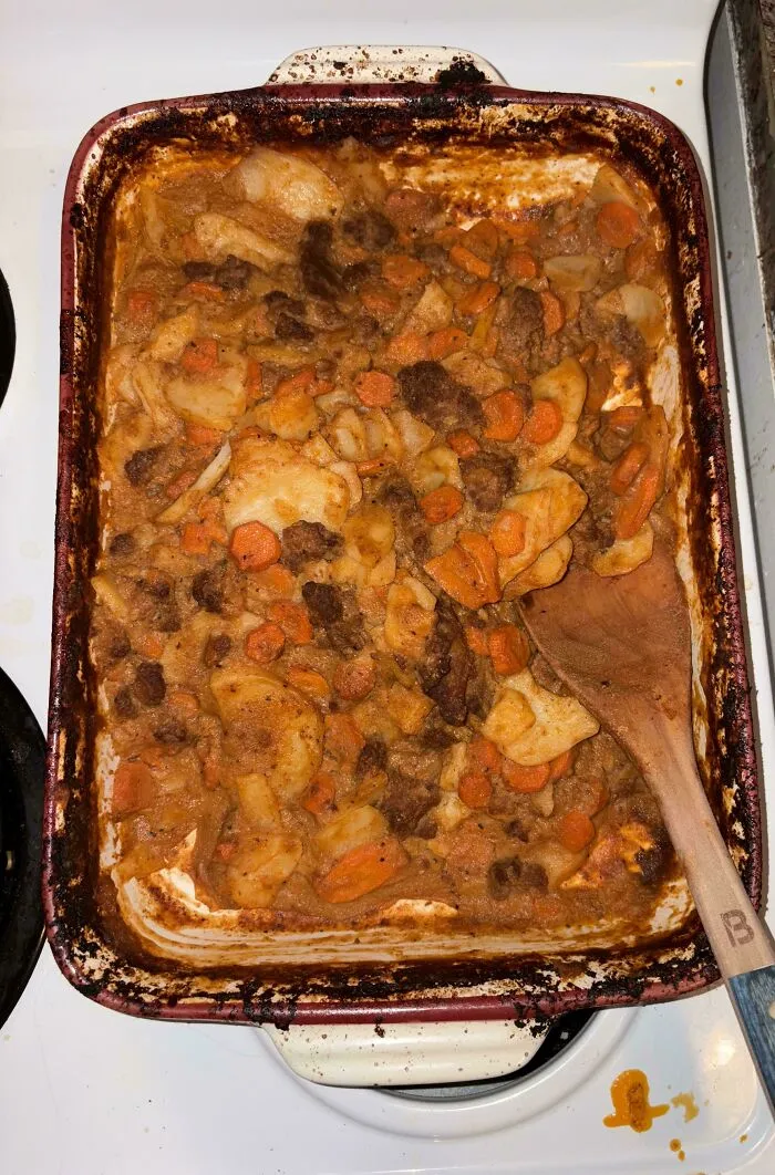 Goulash casserole baked in a pan showing sheer audacity