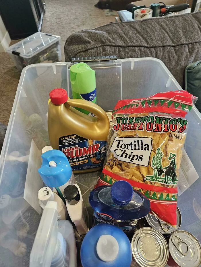 Tortilla chips stored with cleaning chemicals showing sheer audacity