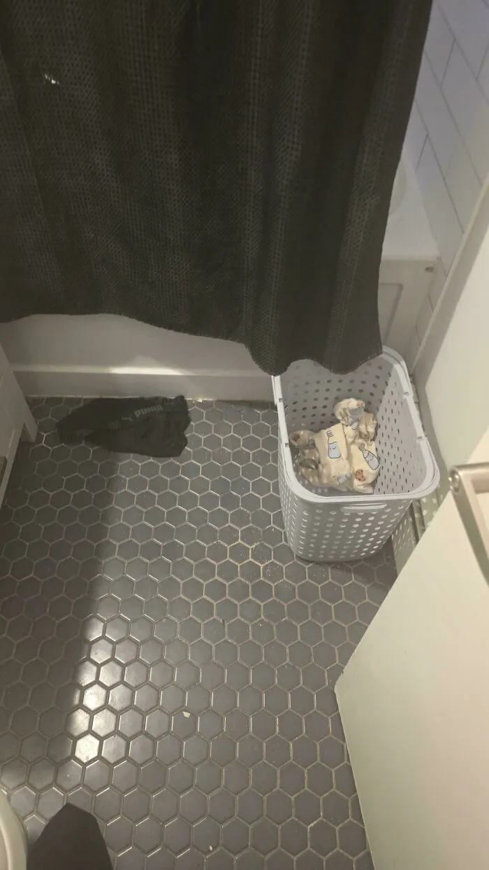 A black undergarment left on bathroom tiles next to a laundry basket, illustrating sheer audacity.