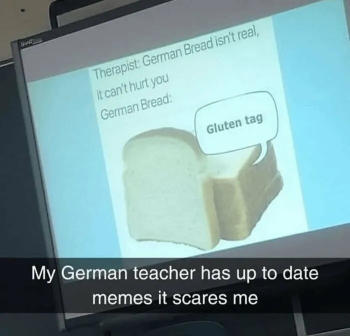 Funny memes about a slice of bread saying Gluten tag as a pun for guten tag on a screen