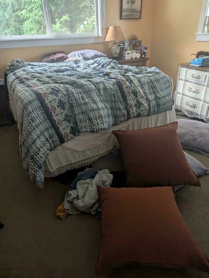 A messy bedroom with pillows on the floor, highlighting the sheer audacity of leaving a shared space untidy.