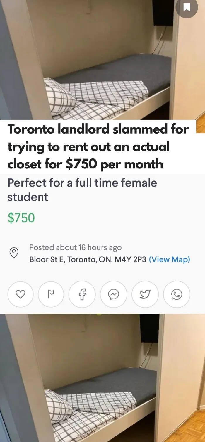 An ad from terrible landlords trying to rent out a tiny closet as a bedroom for 750 dollars a month