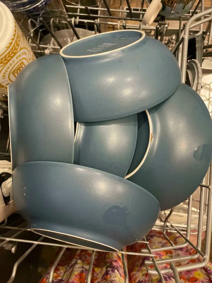 Blue bowls stacked haphazardly in a dishwasher, highlighting the sheer audacity.