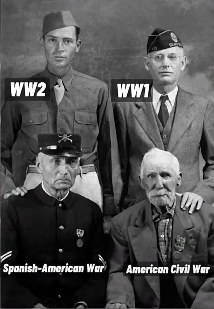 Real pictures of four generations of war veterans in a historic black and white family portrait