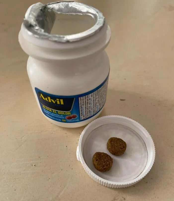 An open Advil bottle next to its cap with two brown kibbles in it, showing the audacity of some men