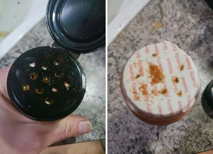 A spice bottle with holes poked through the safety seal instead of peeling it off.