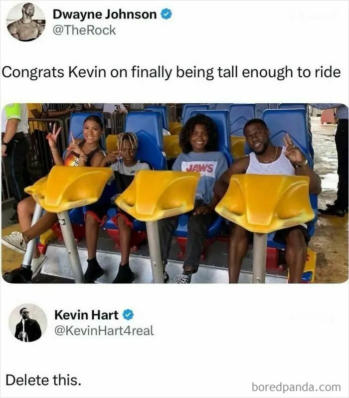 Kevin Hart replies with humor on Dwayne Johnson tall enough to ride meme