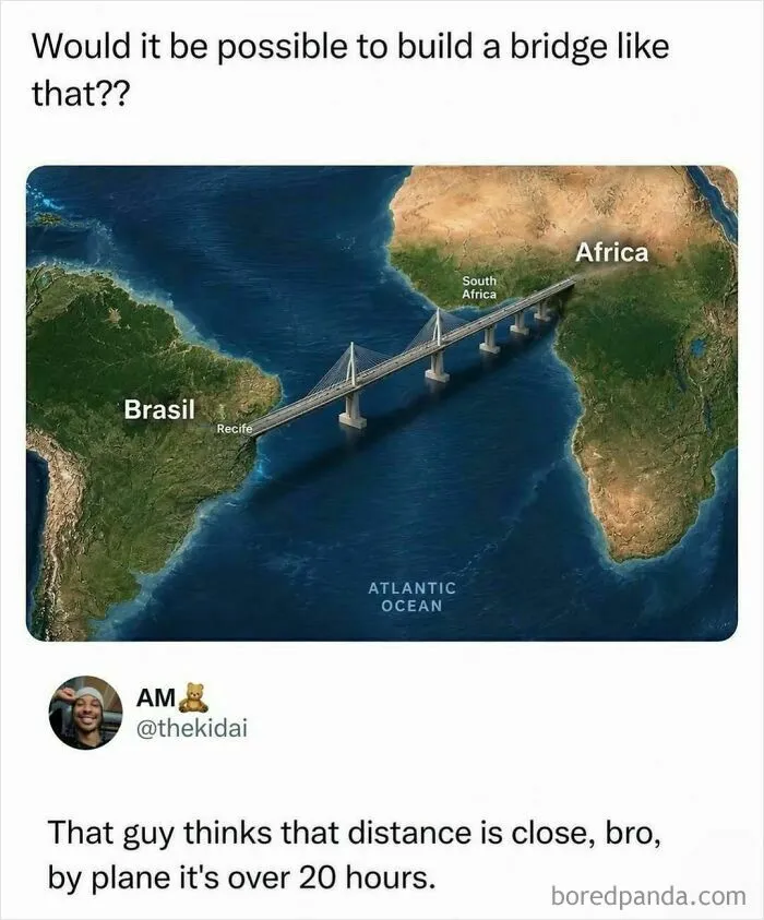 Map showing hypothetical bridge between Brazil and Africa across Atlantic Ocean