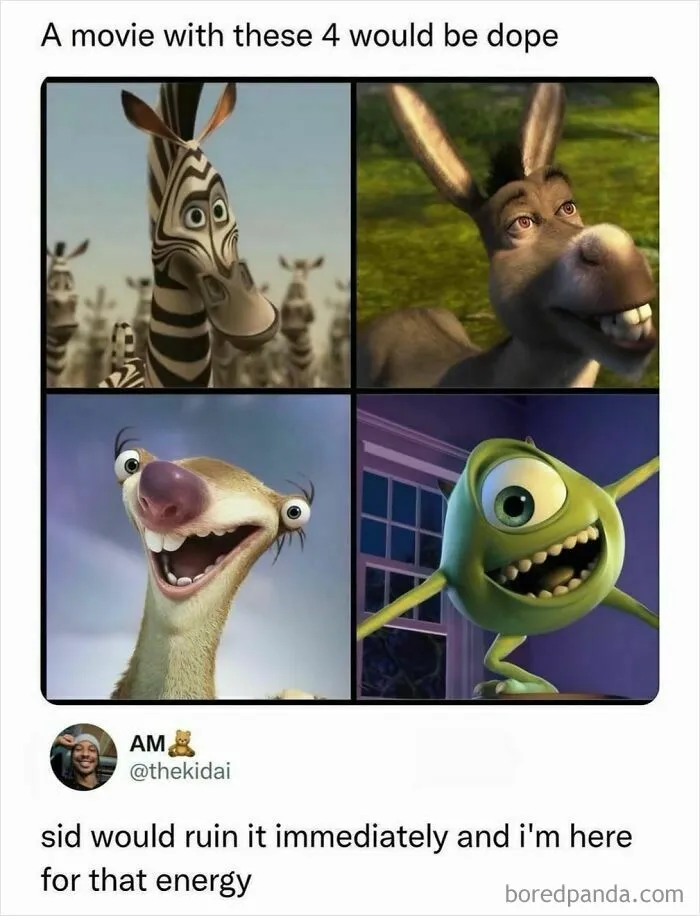 Animated characters from various movies featured in a meme about a movie with these four