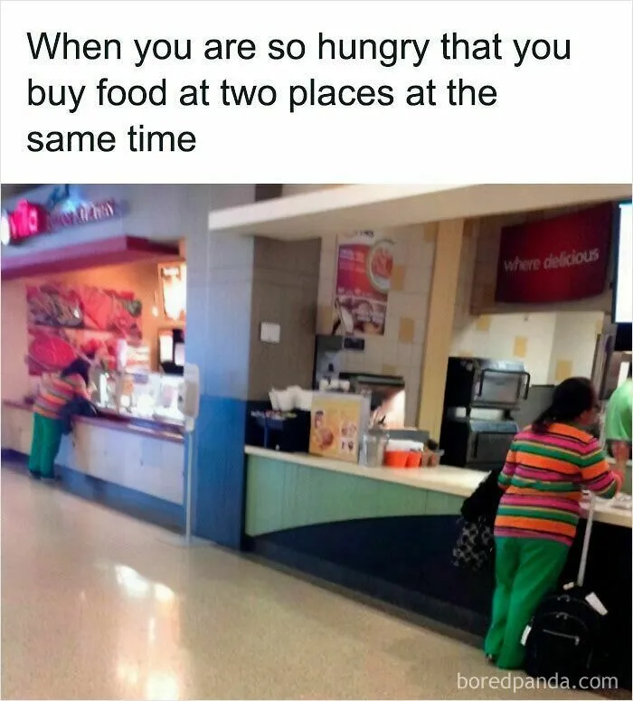 Funny meme about buying food at two places at once showing a woman ordering at two counters