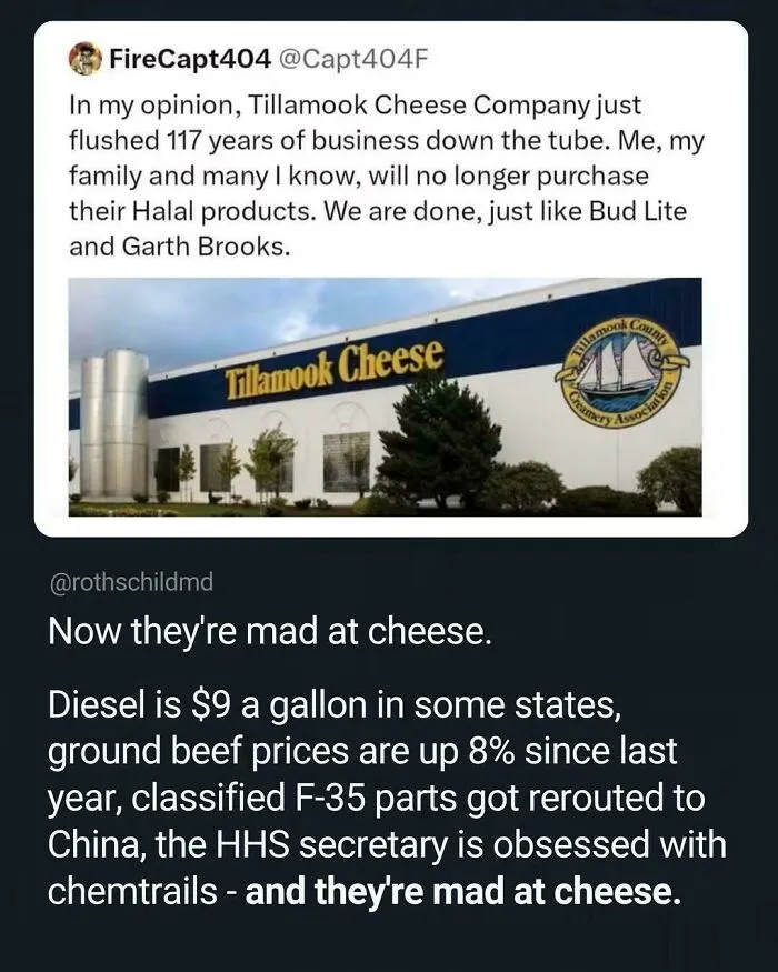 Tweet complaining about Tillamook Cheese Company and a sarcastic response about being mad at cheese