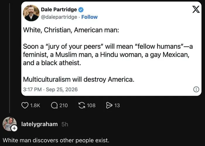 Tweet about multiculturalism and white Christian American man with feminist and Muslim peers