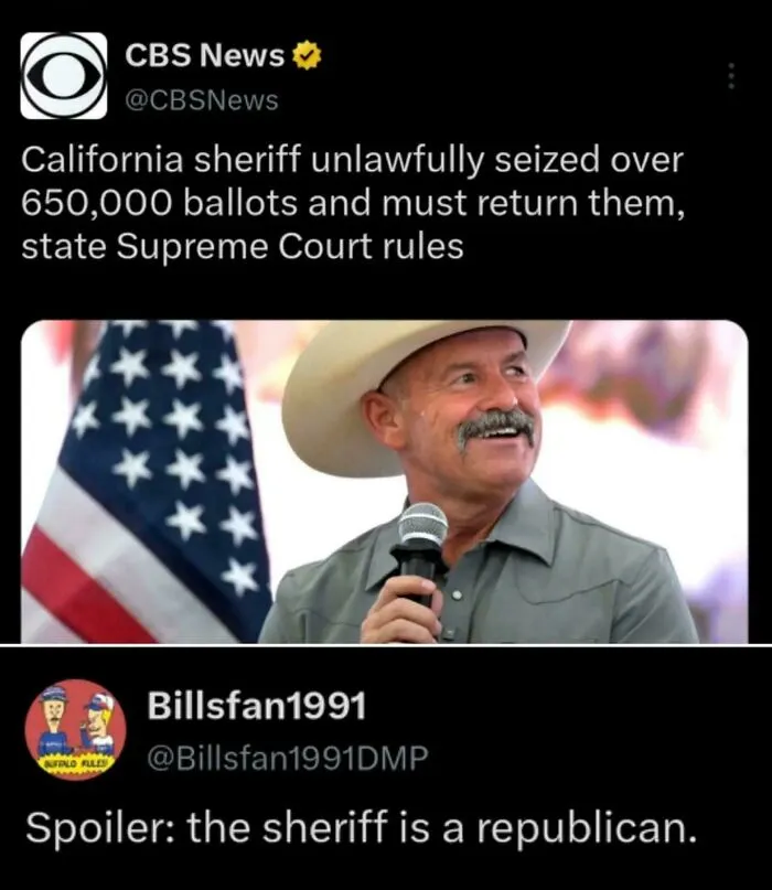 News about California sheriff seizing 650,000 ballots with comment on political affiliation