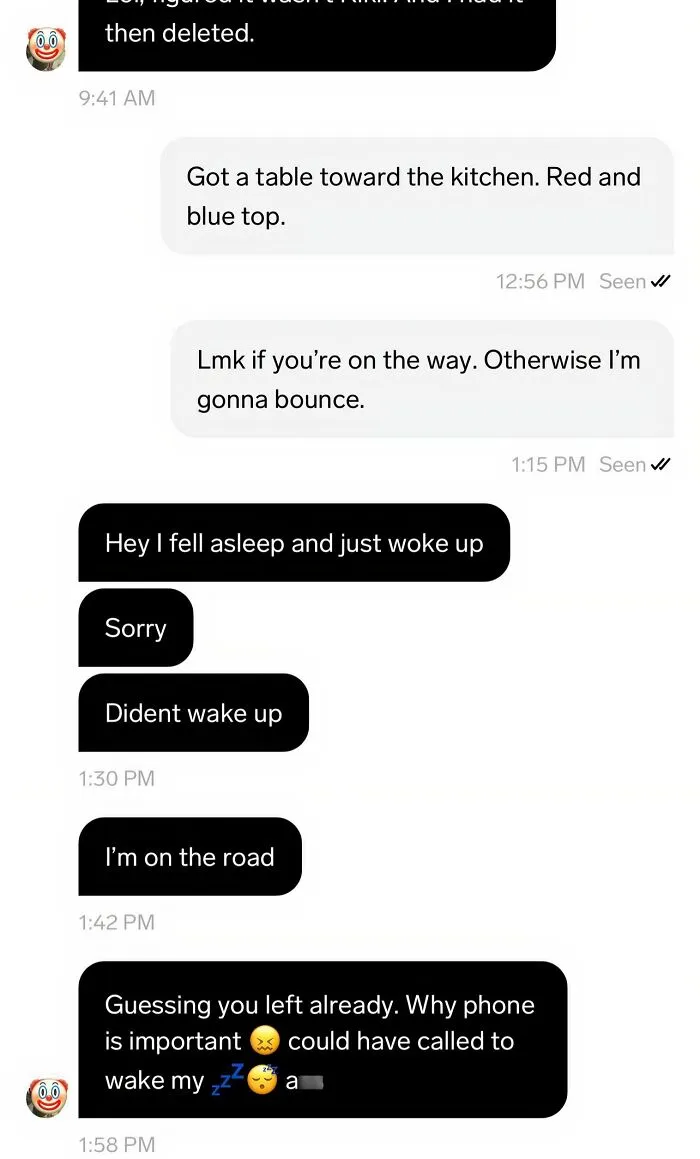 Text messages showing the audacity of some men, where a guy blames a girl for not waking him up for their date