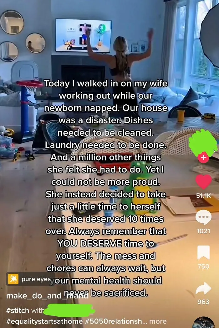 A social media post on audacity of men where a wife works out in a messy living room