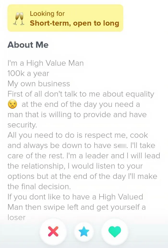 A dating profile with demanding requirements, showing the sheer audacity some men bring to relationships.