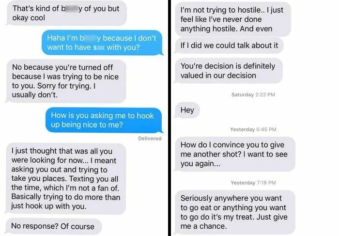 Side-by-side chat logs displaying the sheer audacity some men bring when trying to manipulate women.