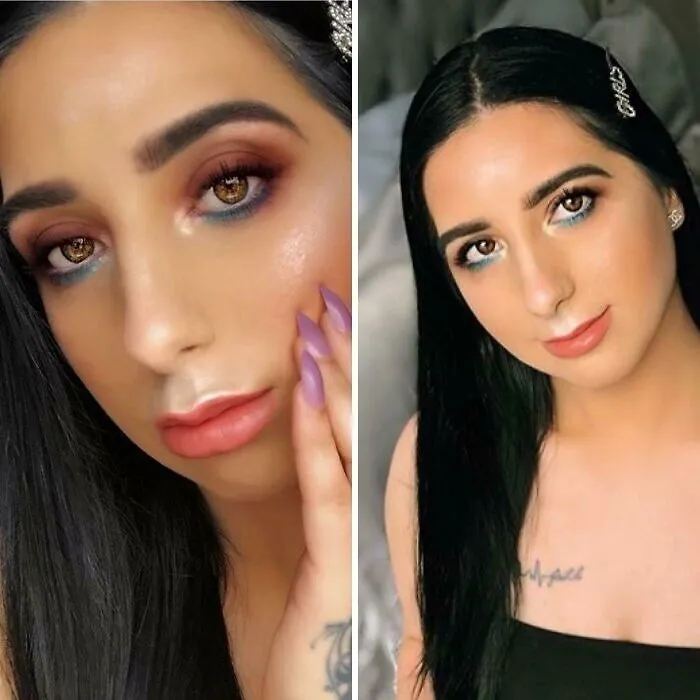 Split screen of uneven eyebrow microblading as beauty procedures fails