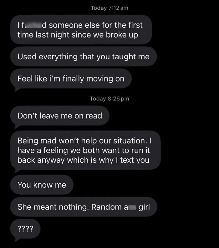 A chat thread showcasing sheer audacity as an ex texts about moving on with someone else.