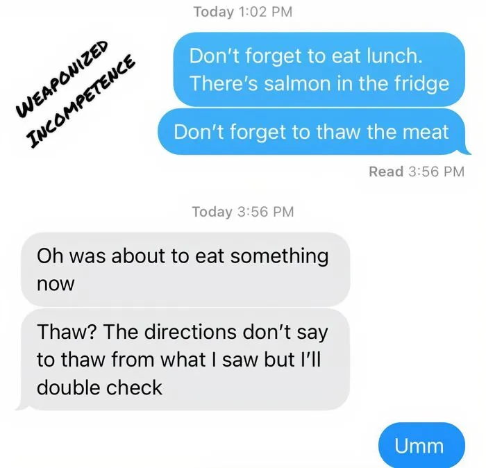 Text messages showing weaponized incompetence of men where a partner is asked to thaw meat