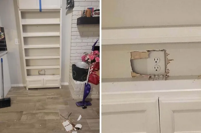 A poorly cut hole in a white cabinet shelf, showing the audacity of some men during home repairs.