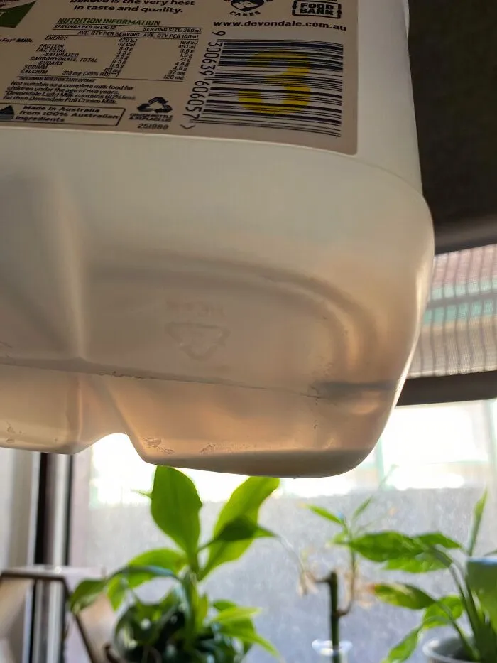 A plastic milk container with a tiny amount of milk left inside, exemplifying sheer audacity in the fridge
