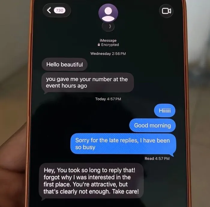 A text message thread showing the audacity of a man complaining about late replies from a woman