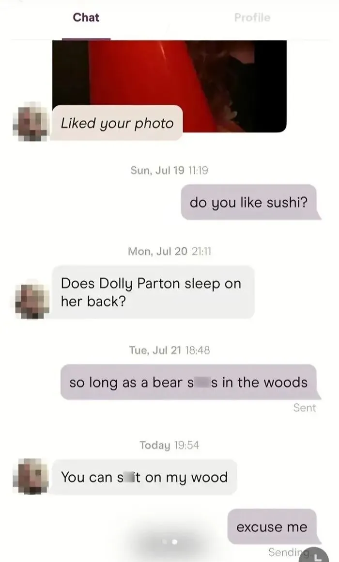 Dating app screenshots demonstrating the sheer audacity of a man making an inappropriate joke.