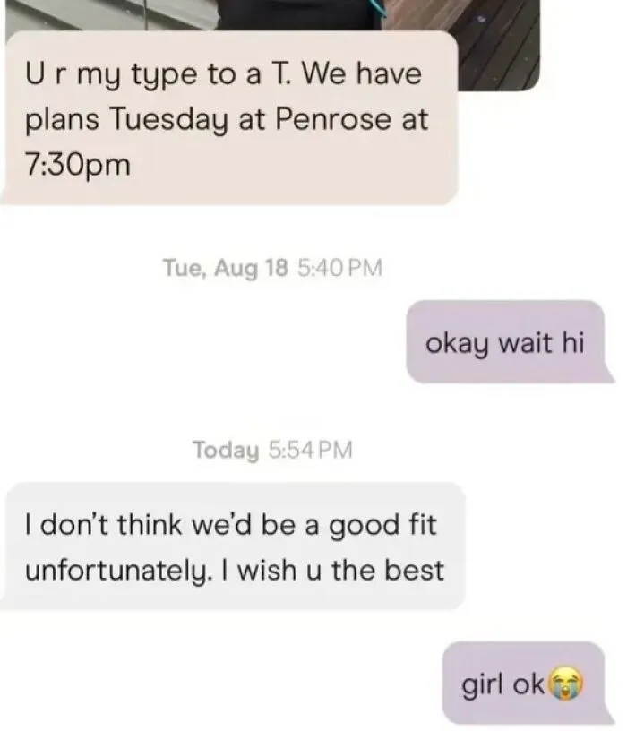 Screenshot of a dating app chat showing the sheer audacity of canceling a date after setting it up.